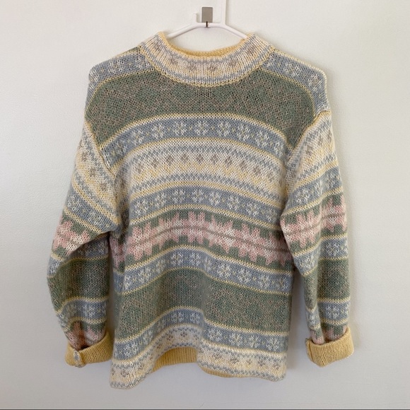 Vintage Sweaters - Vintage Pastel Chunky Fair Isle Knit Sweater M